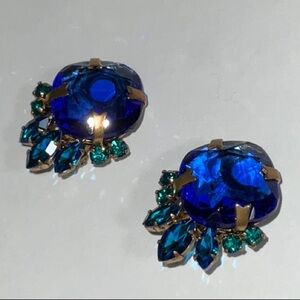 Made in Austria Blues and Green Set in Gold Toned Metal Clip Earrings Vintage